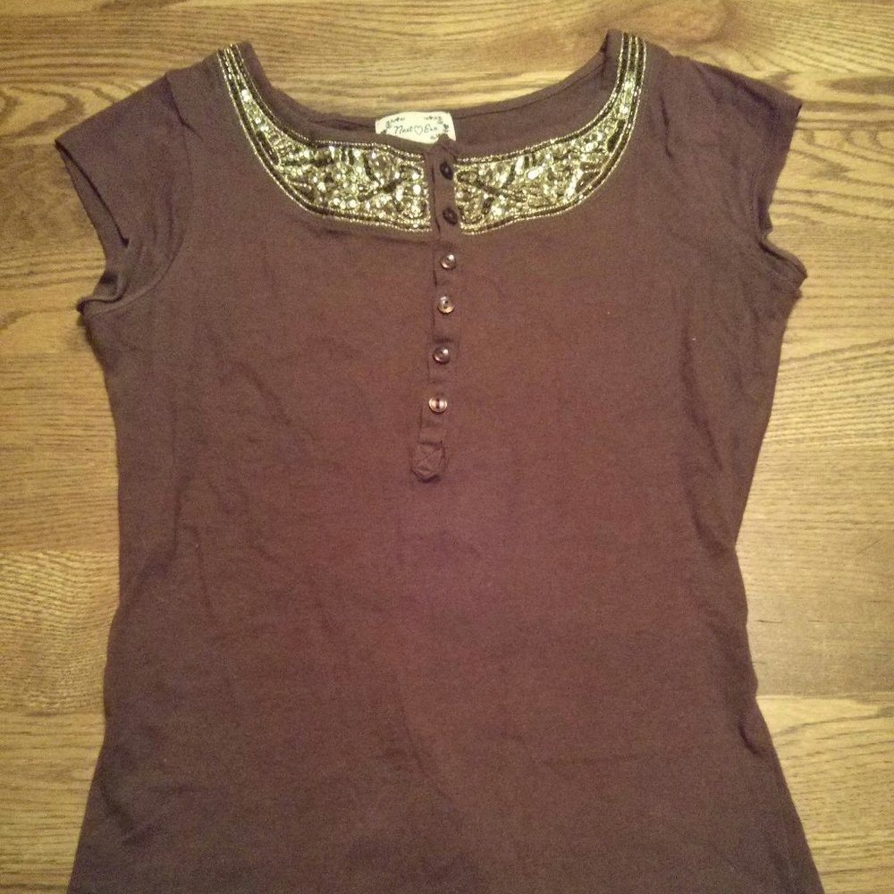 Vintage Y2K Boho Brown & Gold Sequined Neckline Half Button Cotton Henley
